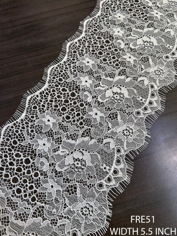 FRE51 white Chantilly eyelash lace roll, 5.5-inch width, scalloped edges both sides, dyeable fabric