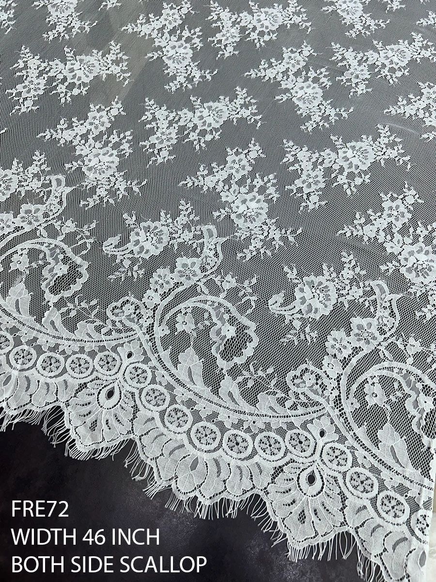 FRE72 – Eyelash Chantilly Laces And Fabrics – SUPER FINE EYELASH LACE FABRIC WHITE BOTH SIDE SCALLOP WIDTH 46 INCH PRICE FOR 1.5 METERS DYEABLE EXPORT QUALITY