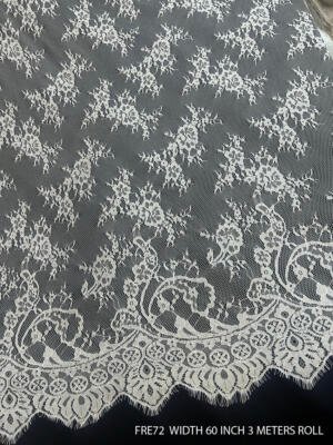 FRE72 60 inch fine white Chantilly eyelash lace fabric with floral motifs and decorative scalloped eyelash border