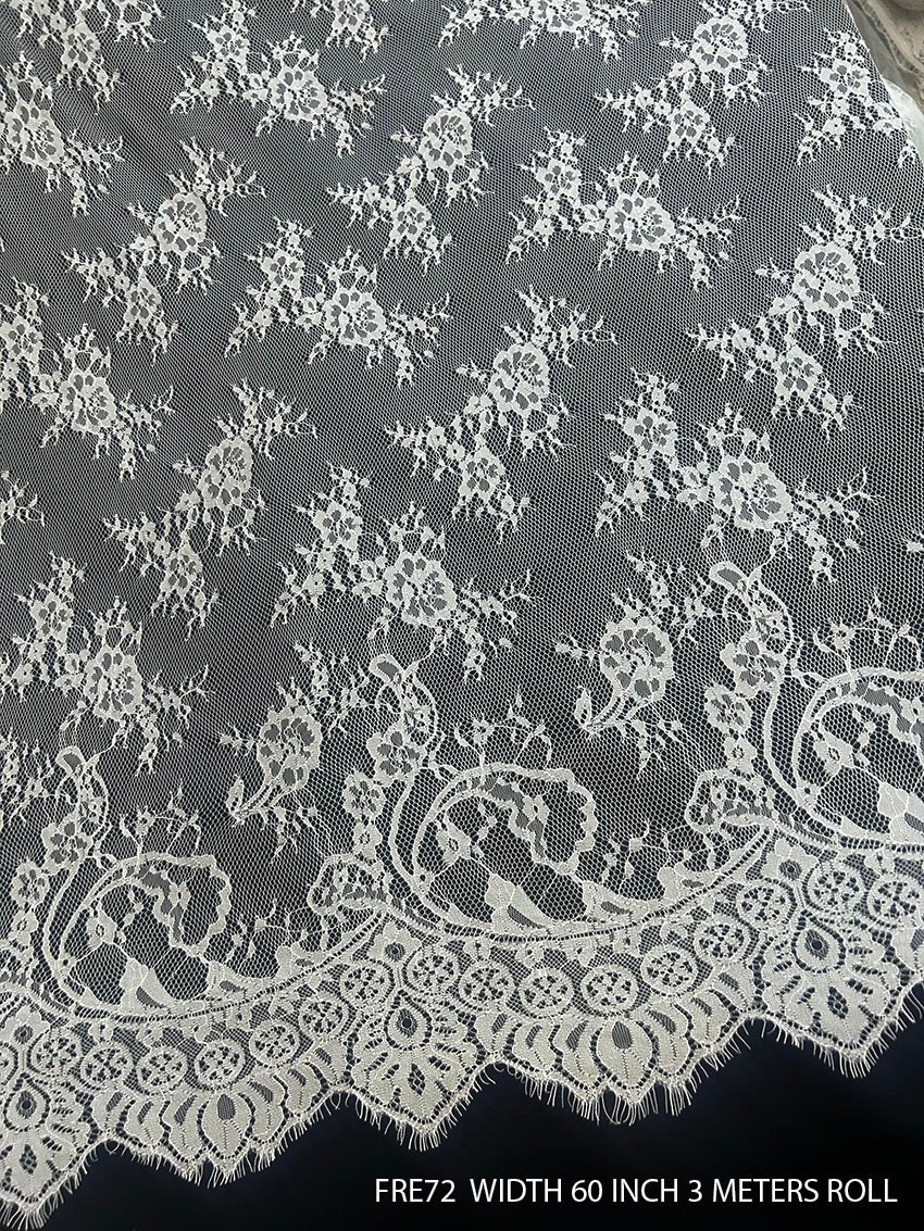 FRE72 60 inch fine white Chantilly eyelash lace fabric with floral motifs and decorative scalloped eyelash border