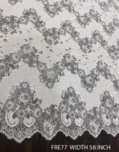 FRE77 white eyelash lace fabric with mirrored scallops, 58-inch wide, 3-meter piece