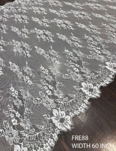 FRE88 Chantilly lace fabric in eyelash finish, soft floral pattern, ideal for bridal and couture garments