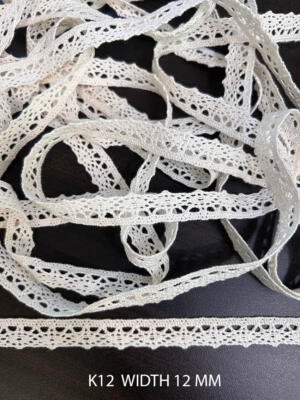 K12 white crochet lace 12 mm width with geometric openwork pattern