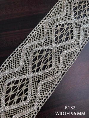 K132 96 MM lurex gold crochet wide lace with large open geometric panels