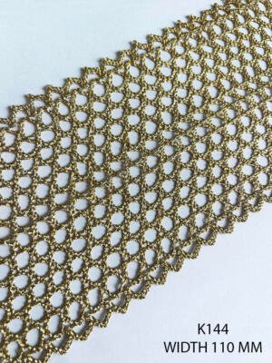 K144 110 MM golden lurex crochet lace with openwork mesh design