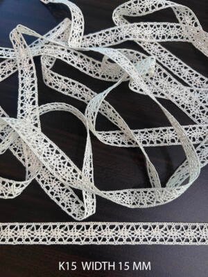 K15 Fine Cotton Geometric Crochet Lace 15mm White Dyeable Decorative Cotton Lace Trim