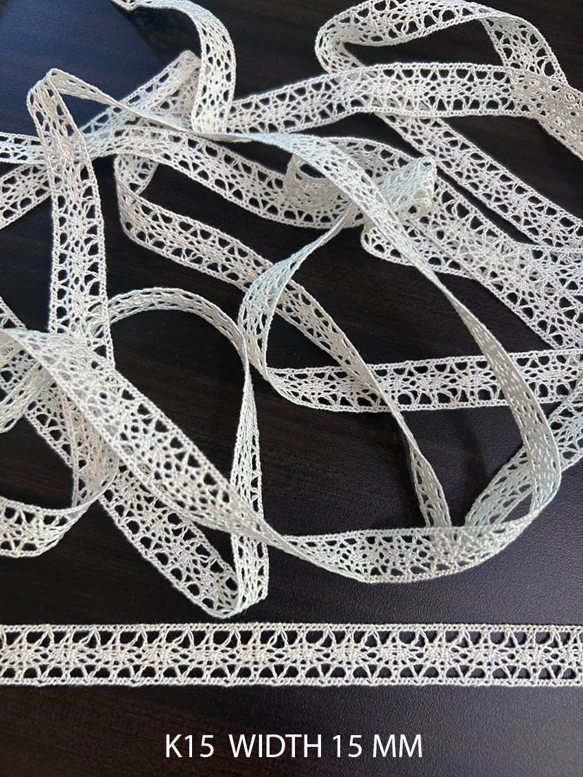 K15 Fine Cotton Geometric Crochet Lace 15mm White Dyeable Decorative Cotton Lace Trim