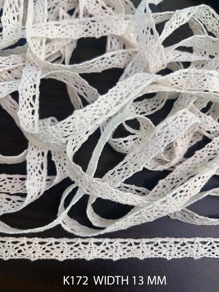 K172 Fine Cotton Crochet Designer Lace 13mm White Dyeable Decorative Trim