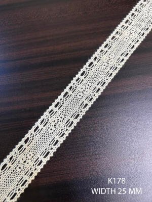 K178 fine cotton crochet griege dyeable lace 25 mm width