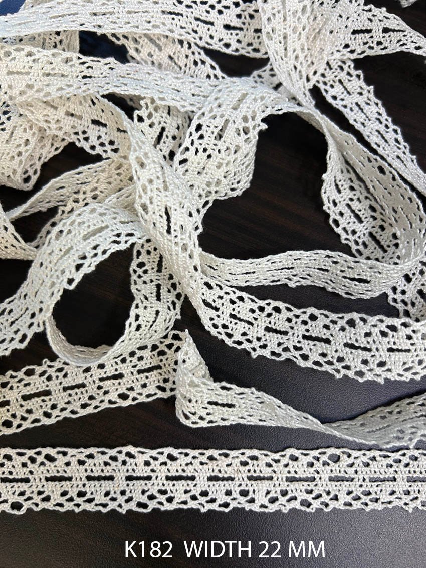 Shop K78 white fine crochet lace in 30 MM width, featuring a graceful linear floral motif with airy meshwork. Ideal for apparel and sewing projects.
