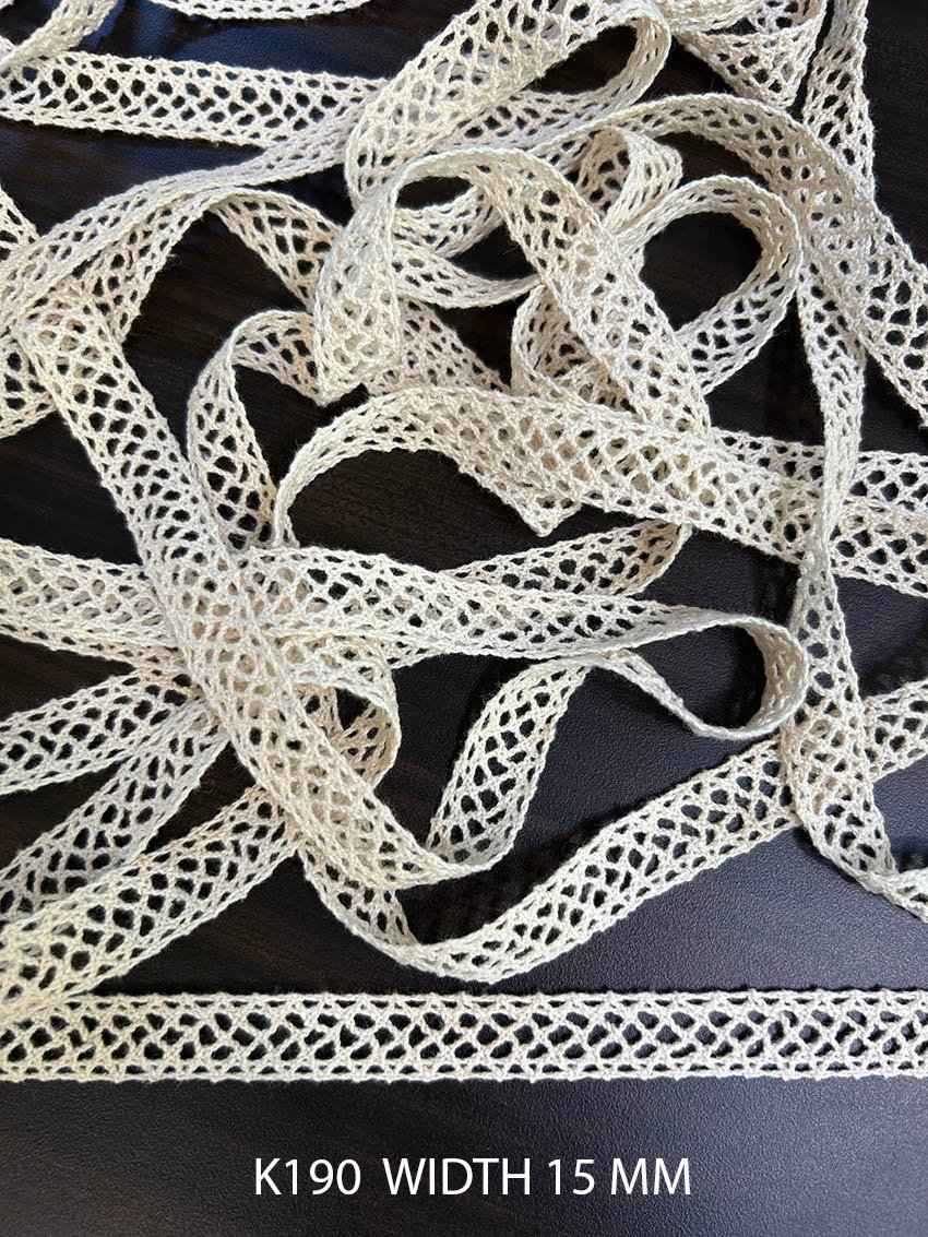 K190 cross ladder crochet lace cotton griege dyeable 15 mm width