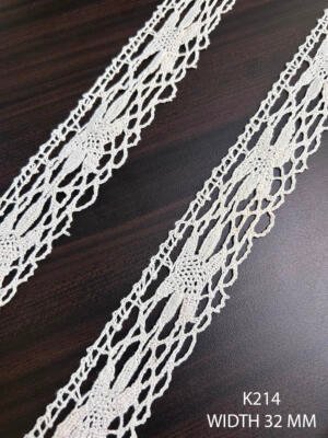 K214 Fine Cotton Floral Crochet Lace 32mm White Dyeable Decorative Cotton Lace Trim