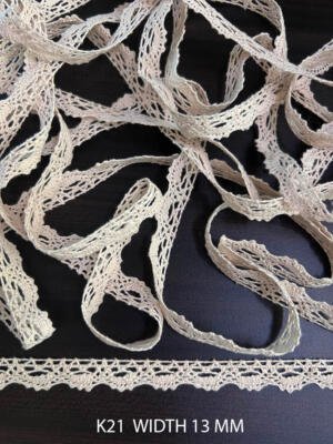 K21 Fine Cotton Crochet Slim Lace Trim 13mm Griege Dyeable Decorative Lace