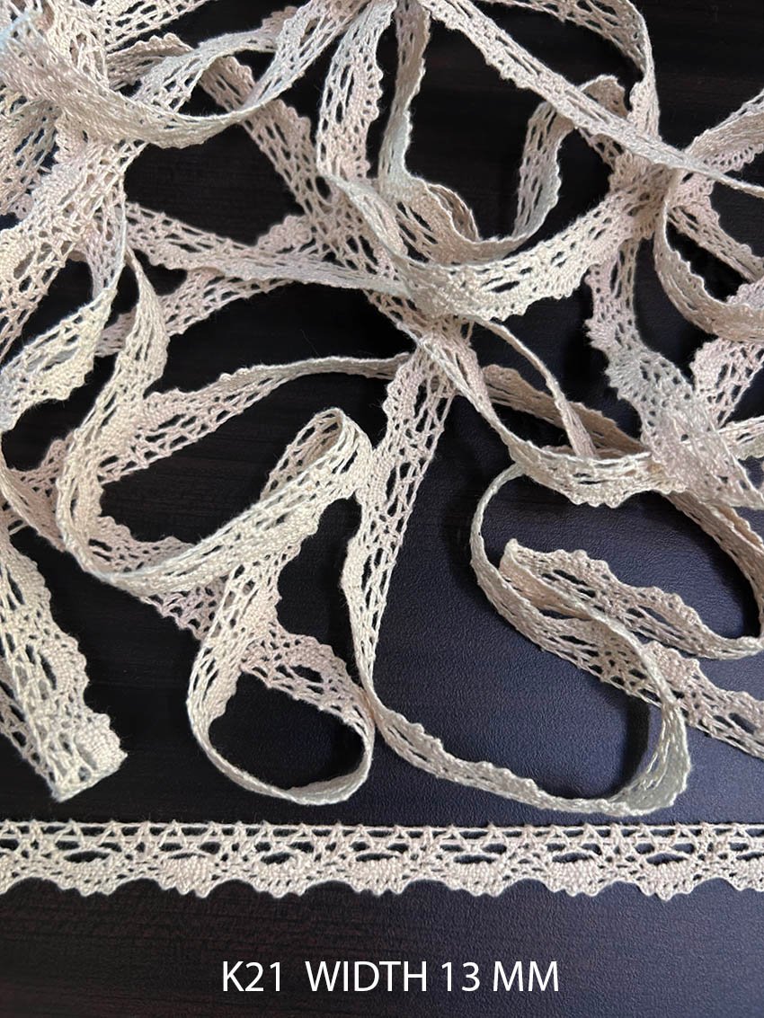 K21 Fine Cotton Crochet Slim Lace Trim 13mm Griege Dyeable Decorative Lace