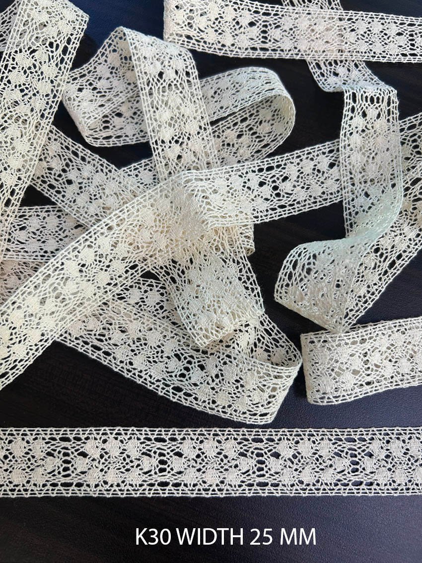 K30 Fine Cotton Crochet Griege Lace 25mm Vintage Floral Dyeable Cotton Lace Trim