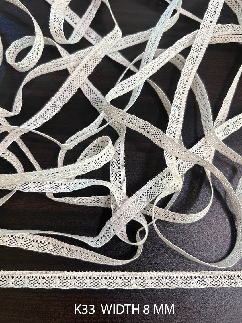 K33 Super Fine Cotton Crochet Lace 8mm White Dyeable Decorative Cotton Lace Trim