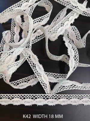 K42 Fine Cotton Crochet Lace 18mm White Dyeable Decorative Cotton Lace Trim