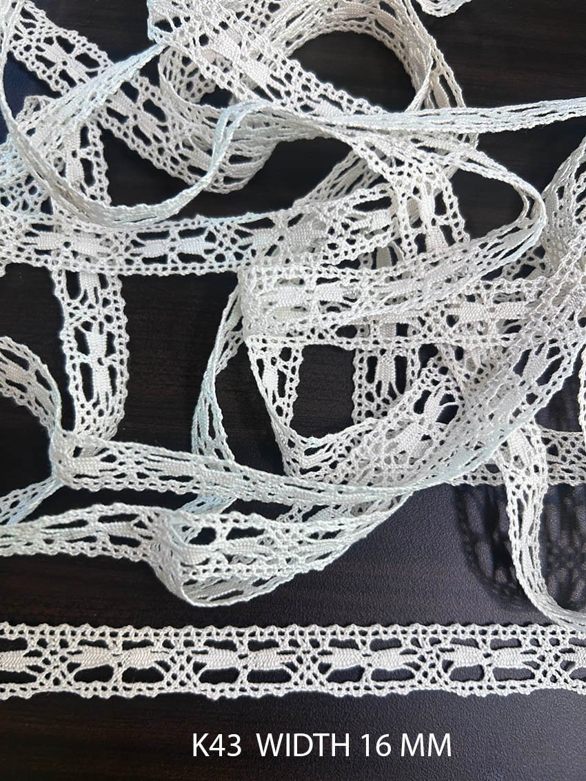 K43 Fine Cotton Crochet Lace 16mm White Dyeable Decorative Trim