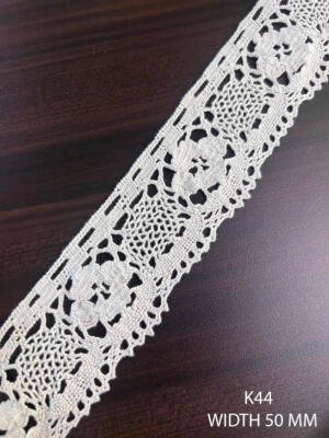 K44 Fine Cotton Floral Crochet Lace 50mm White Dyeable Decorative Cotton Lace Trim