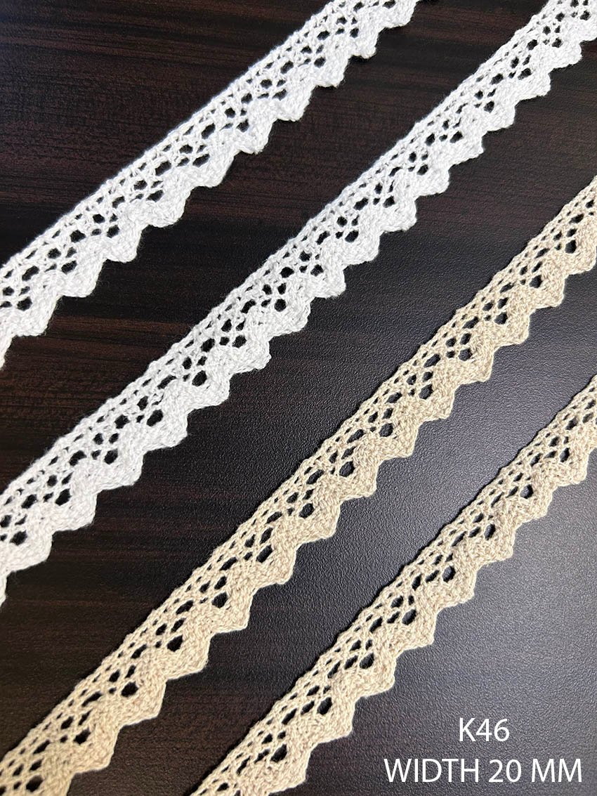 K46 triangle pattern garment edge crochet lace 20 mm in griege and white