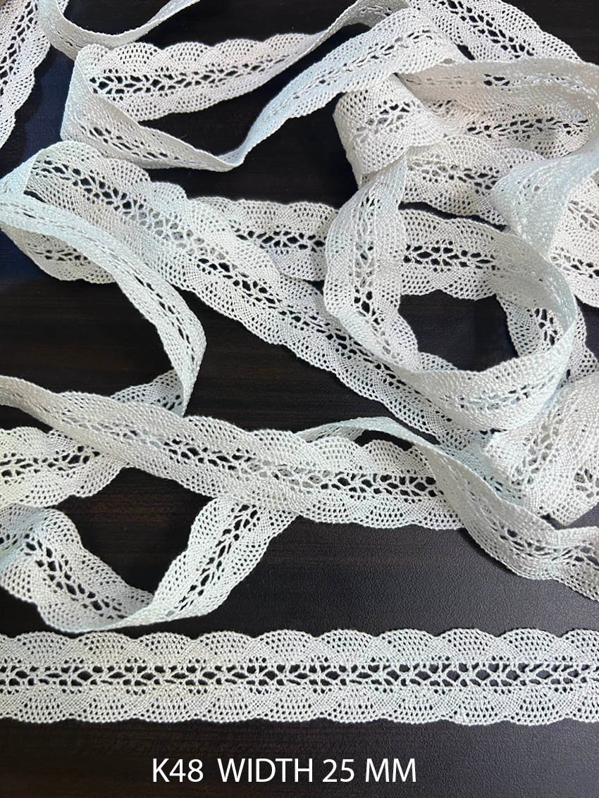K48 Fine Cotton Crochet Lace 25mm White Dyeable Decorative Cotton Lace Trim