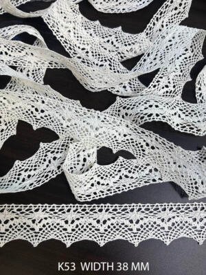 K53 38 mm white cotton lace with airy mesh pattern and pointed decorative edge