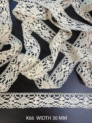 K66 greige dyeable cotton crochet lace 30 mm with floral medallion openwork