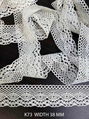 K73 white crochet lace 38 mm width with mesh openwork and scalloped edge
