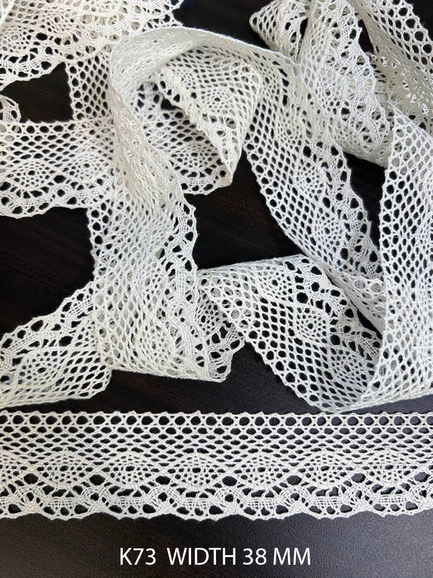 K73 white crochet lace 38 mm width with mesh openwork and scalloped edge