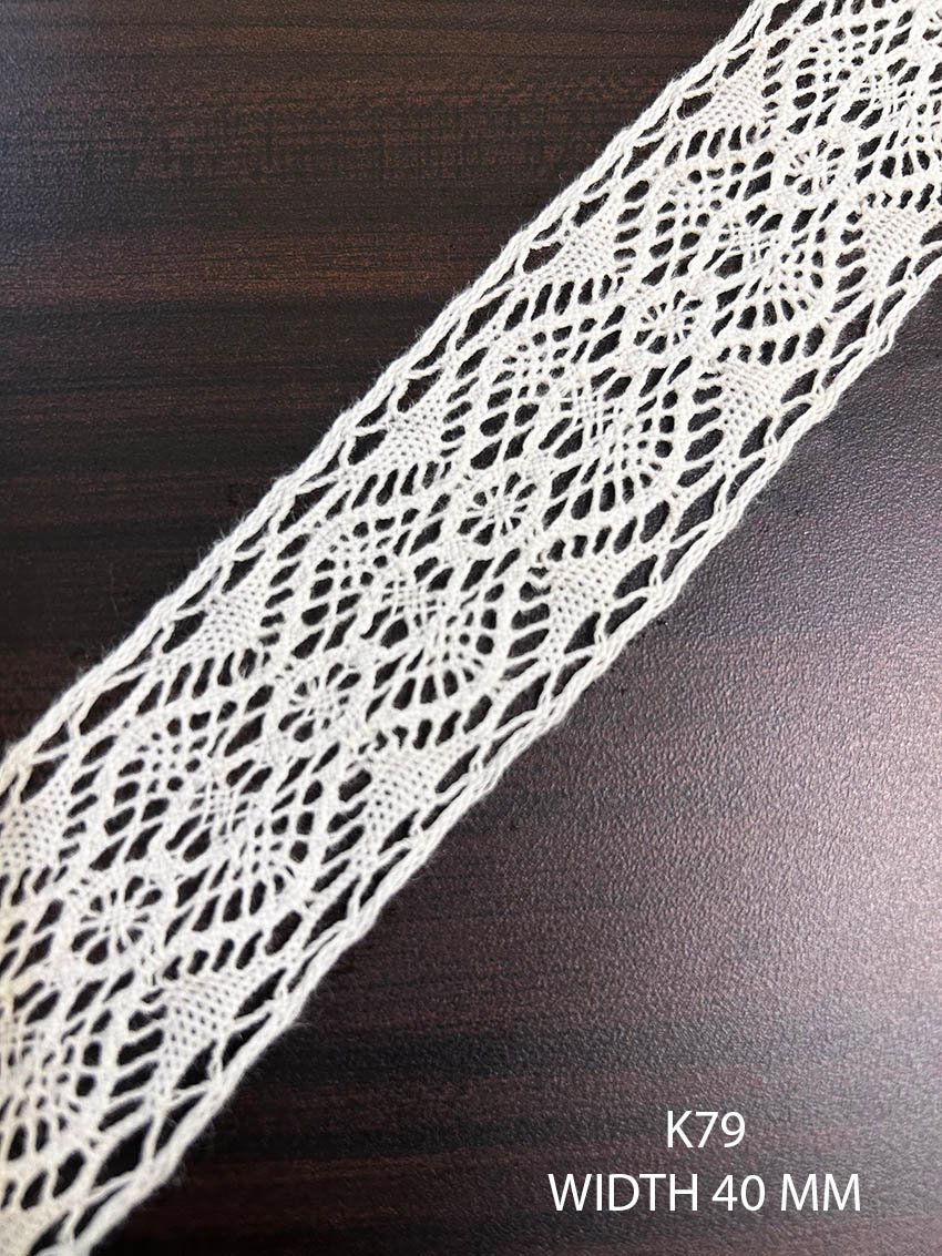 K79 white fine crochet lace 40 mm with radiating floral medallion openwork pattern