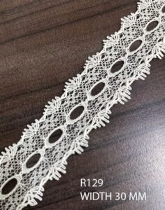 R129 raschel white nylon lace trim, 30 mm width, dyeable, sold per meter