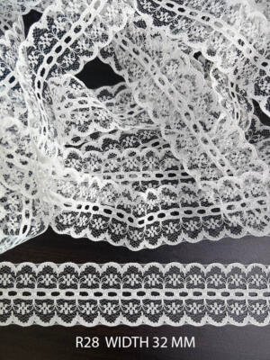 R28 Raschel White Ribbon Pass Nylon Knitted Lace Trim 32 MM