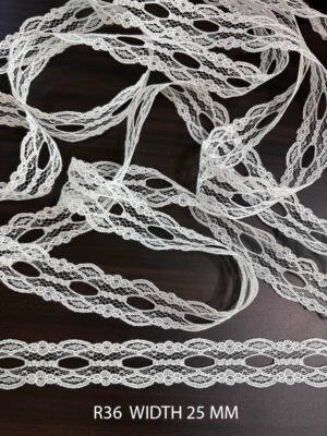 R36 25 MM white ribbon pass-through openwork lace with elongated openings and round motifs