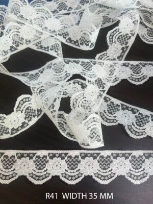 White Raschel Nylon Dyeable Knitted Lace Trim 35 MM