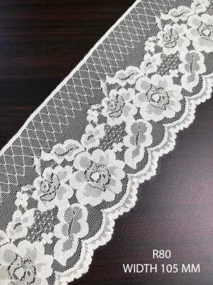 Raschel White Dyeable Nylon Knitted Lace Trim 105 MM
