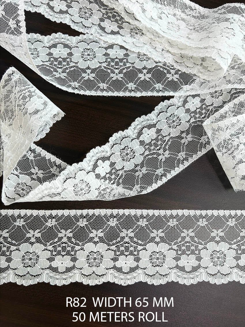White Raschel Nylon Dyeable Knitted Lace Trim 65 MM