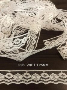 Close-up of R96 Raschel nylon white dyeable lace, 25mm width, fabric trim