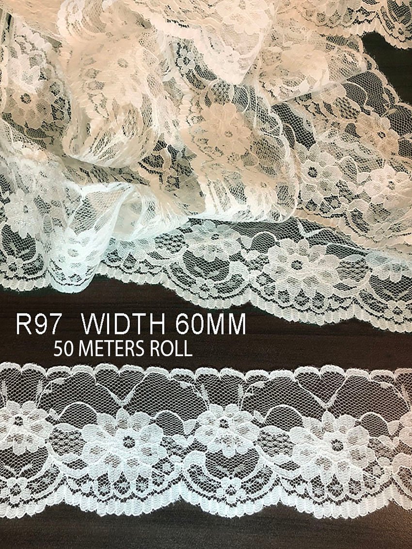 R97 Raschel nylon fine lace with intricate floral design for couture garments and boutique trims
