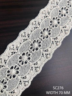 SC276 70 MM GPO chemical cotton guipure greige lace with floral medallion design