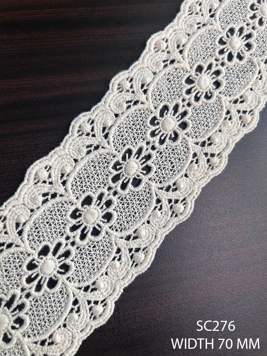 SC276 70 MM GPO chemical cotton guipure greige lace with floral medallion design