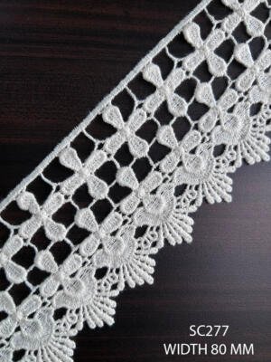 SC277 80 MM white floral openwork lace with geometric mesh and scalloped floral border