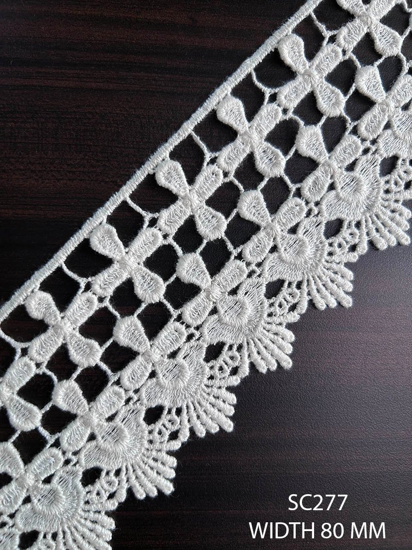 SC277 80 MM white floral openwork lace with geometric mesh and scalloped floral border