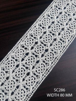 SC286 80 MM white cotton guipure lace with repeating floral medallion design