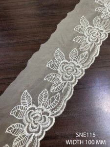 SNE115 Organza white poly lace fabric, 100mm width, sold per meter