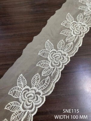 SNE115 Organza white poly lace fabric, 100mm width, sold per meter