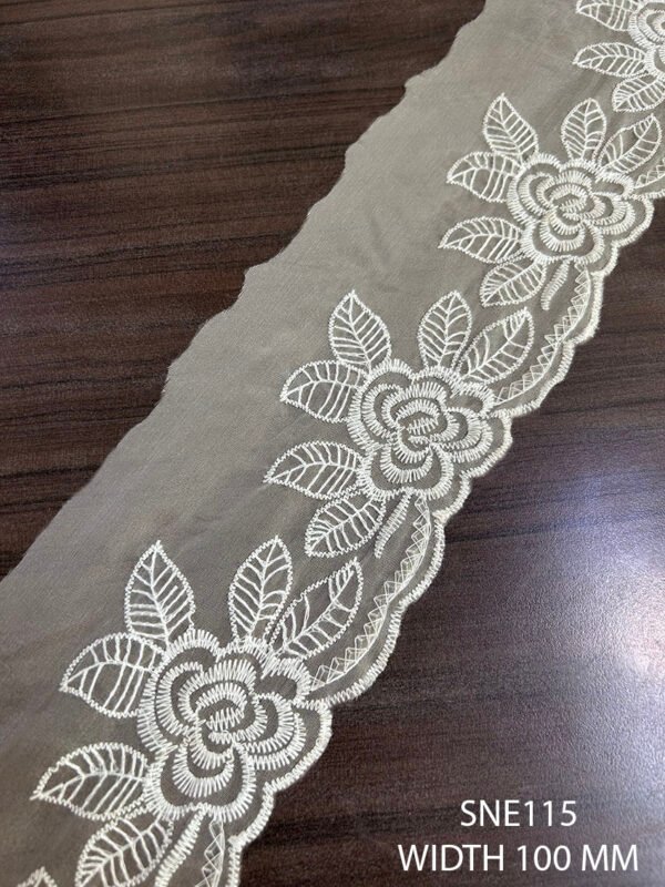SNE115 Organza white poly lace fabric, 100mm width, sold per meter