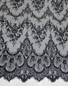FRE113BLK – Eyelash Chantilly Laces And Fabrics – Super Fine Eyelash Lace Fabric Black Both Side Scallop Width 60 Inch Export Quality