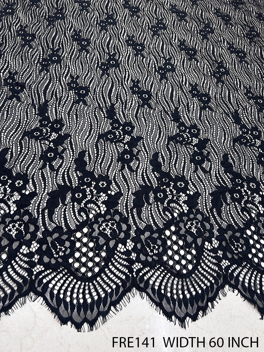 FRE141 black French Chantilly lace fabric with scalloped edges, soft and elegant for couture designers