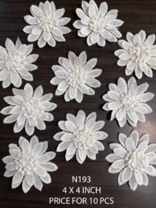 N193 white poly 3D lace flower patch – pack of 10 sew-on embellishments for bridal wear, ethnic fashion, and DIY décor