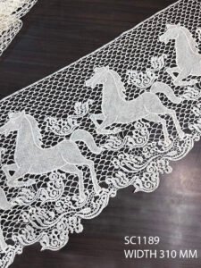 SC1189 Horse GPO White Lace – Designer GPO Polyester Lace with Horse Motif